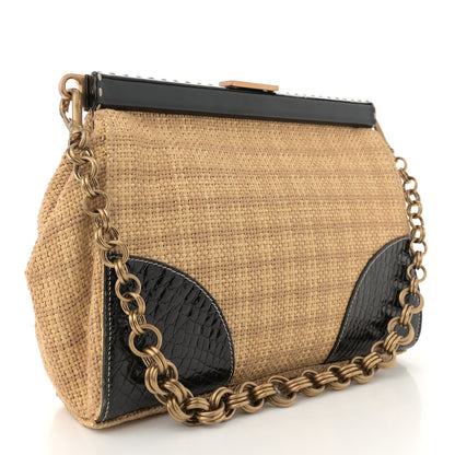 Prada Straw Crocodile Woven Semitracolla Frame Bag Tabacco Black 3 of 12