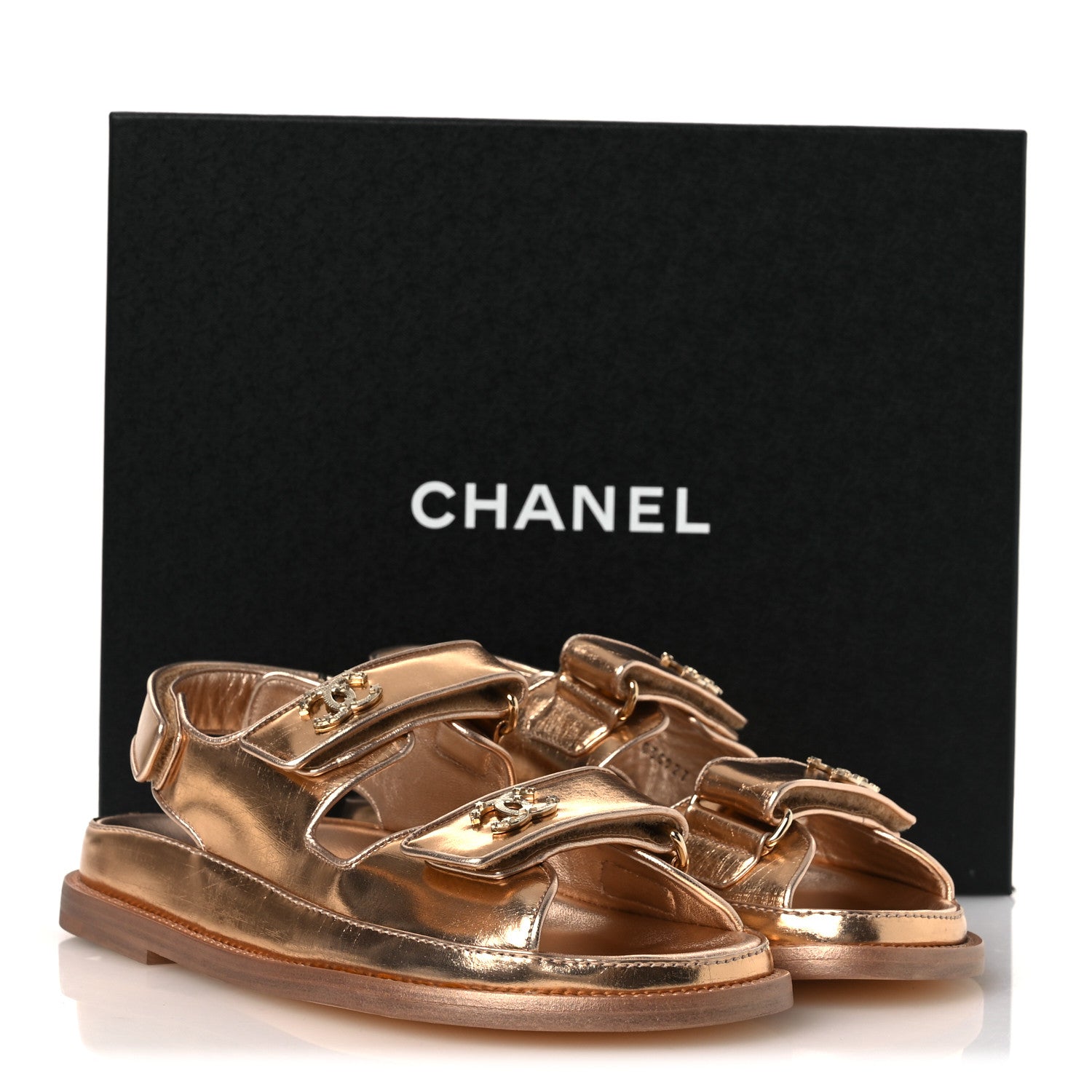 Chanel Metallic Laminated Calfskin Velcro Dad Sandals 36 Golden
