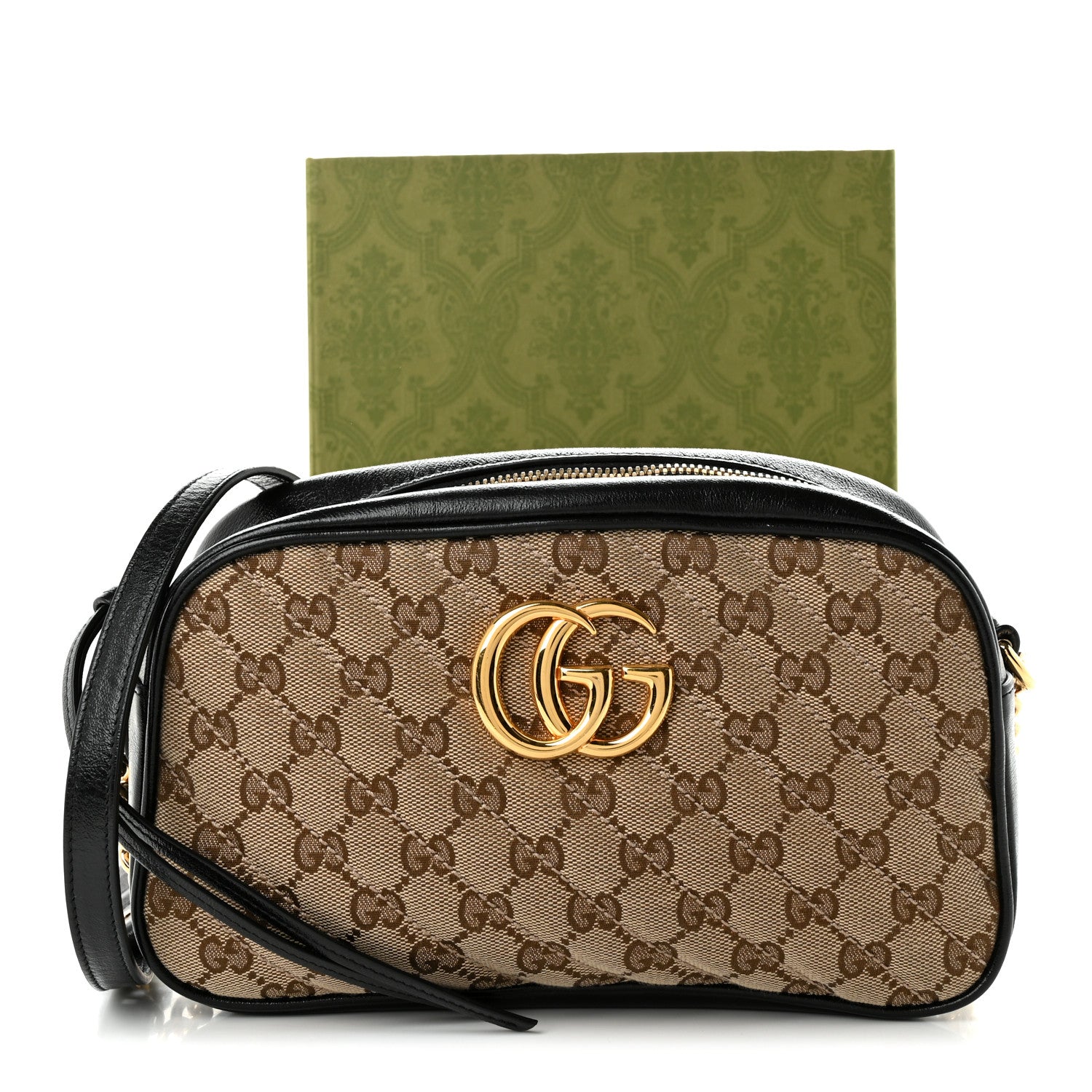 Gucci Monogram Matelasse Diagonal Small GG Marmont Chain Shoulder Bag Beige Black 11 of 11