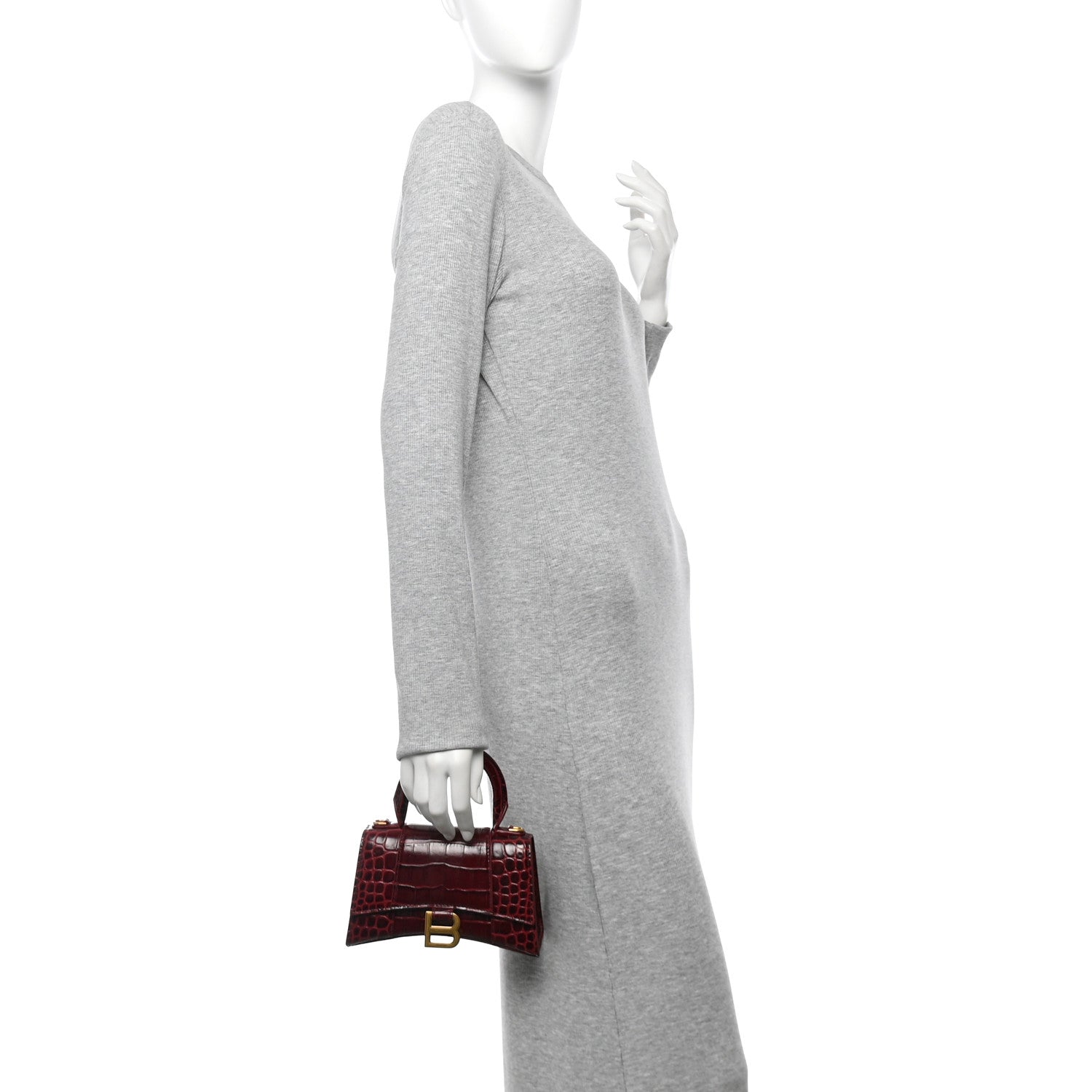 Balenciaga Shiny Calfskin Crocodile Embossed Hourglass Top Handle Bag XS Dark Red 2 of 14