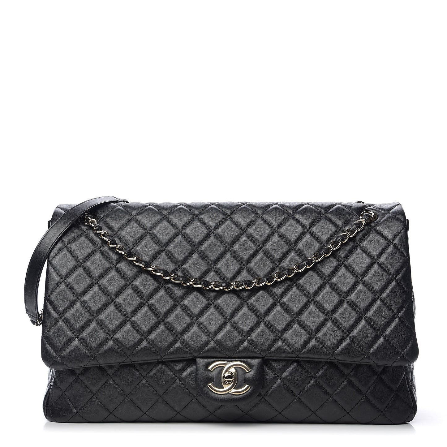 Calfskin Quilted XXL Travel Flap Bag Black