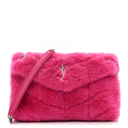 Saint Laurent Merino Shearling Lambskin Quilted Small Loulou Puffer Monogram Chain Satchel Fuchsia 1 of 11