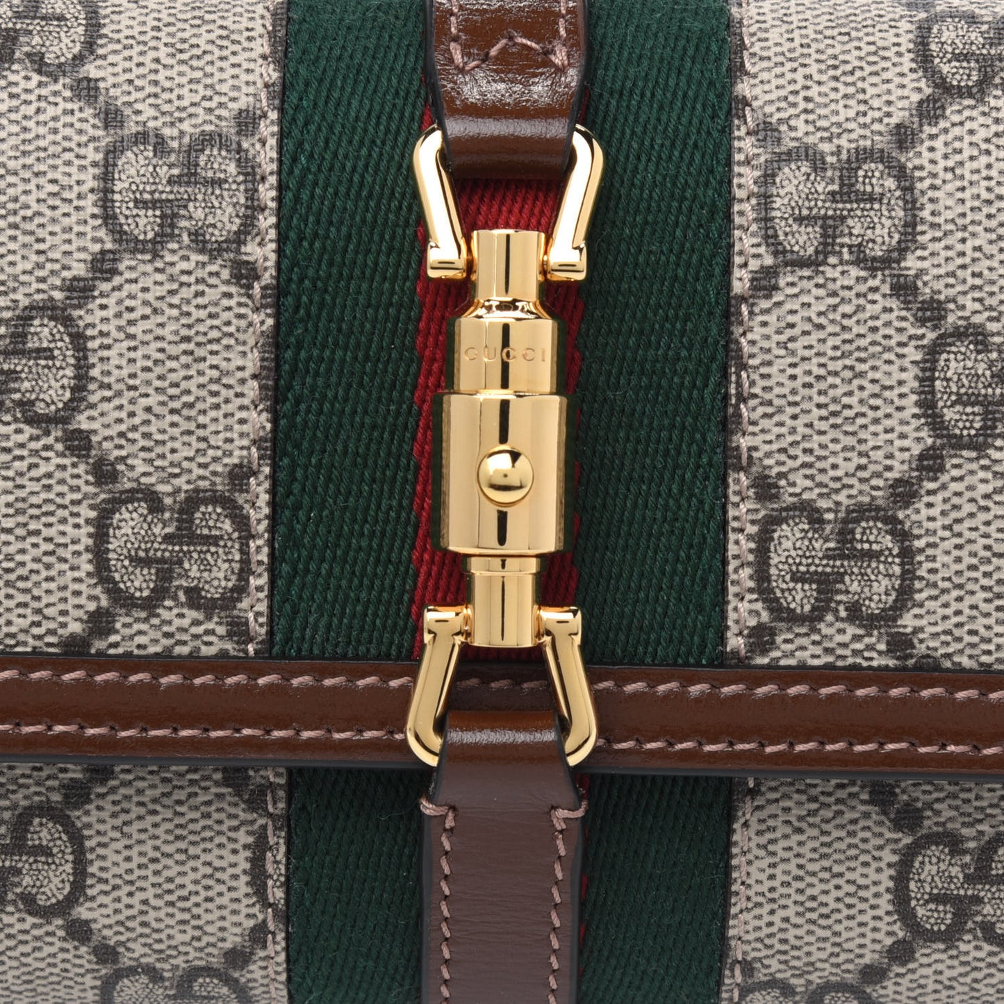 GG Supreme Monogram Azalea Calfskin Web Jackie 1961 Chain Wallet Beige Ebony Brown Sugar