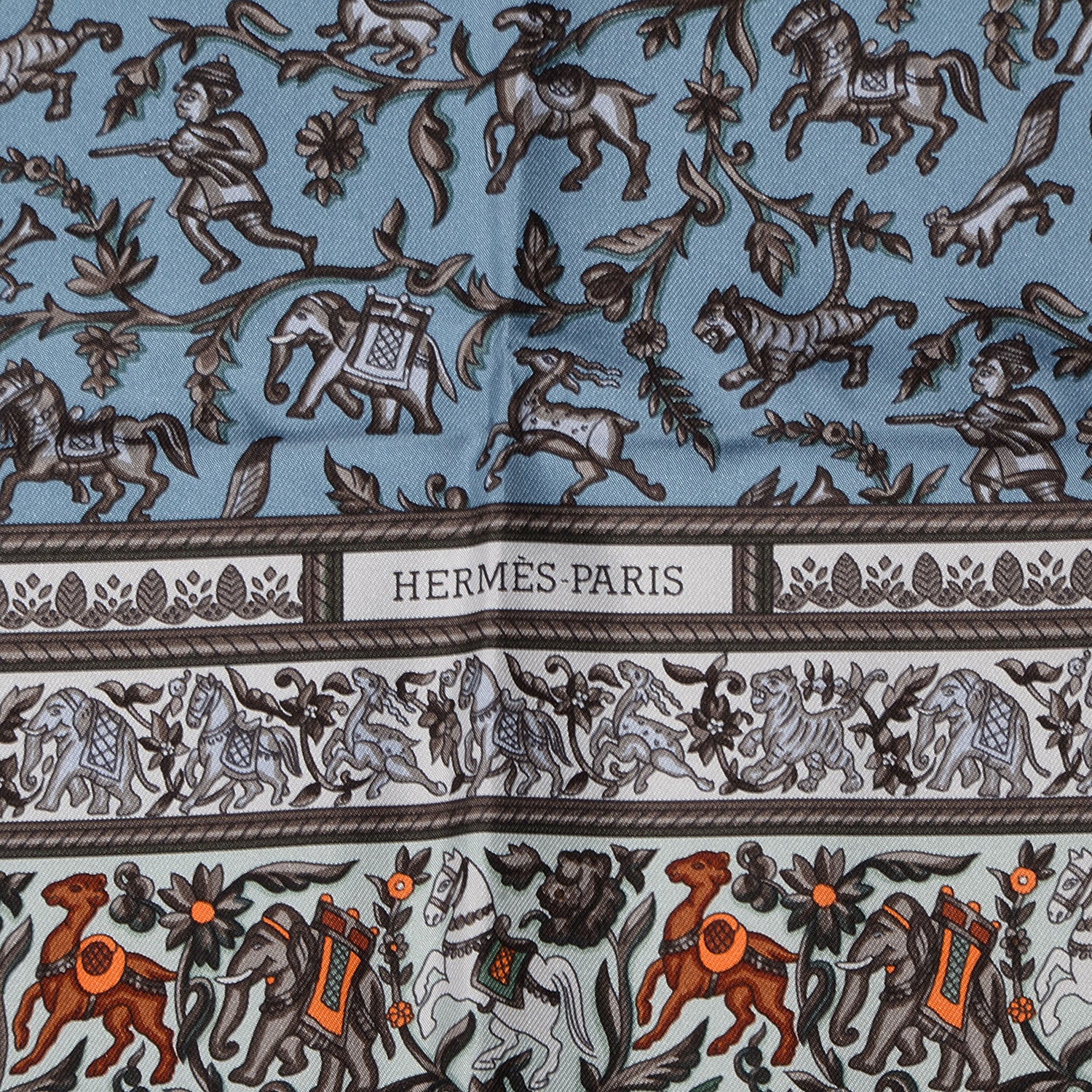 Hermes Silk Chasse En Inde Scarf 90 Gris Bleuete Vert De Gris Bleu 3 of 6