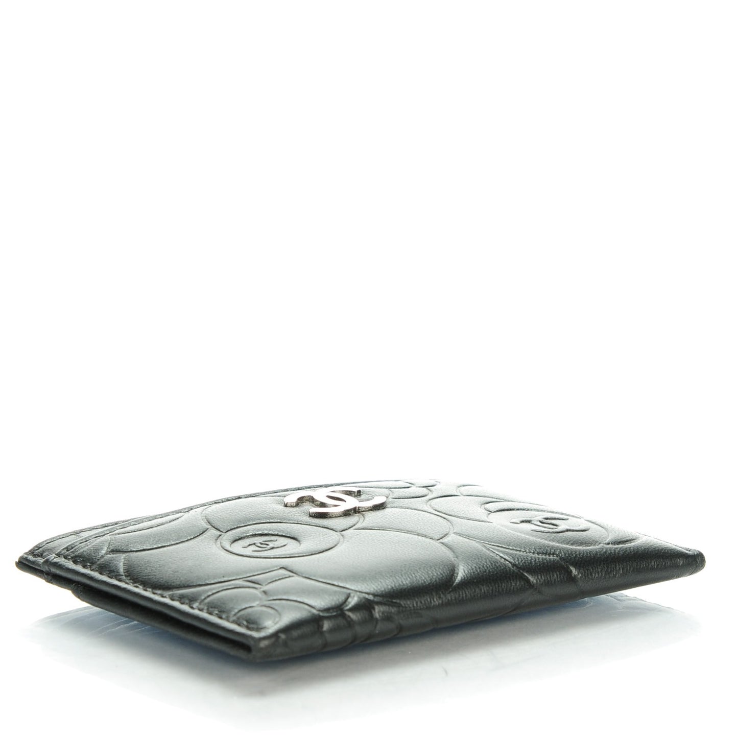 Lambskin Camellia Embossed Card Holder Black