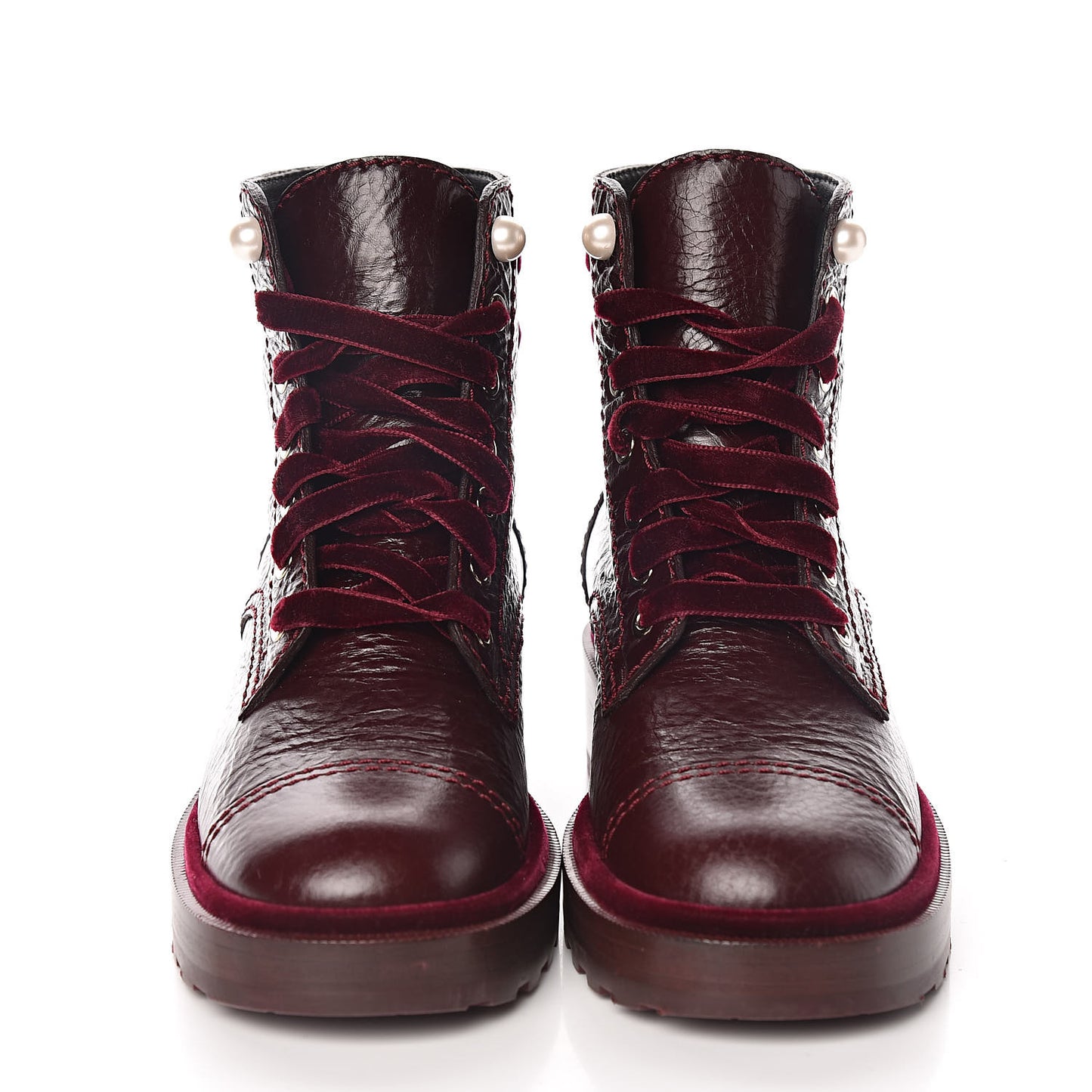 Calfskin Velvet Pearl Combat Short Boots 37 Burgundy