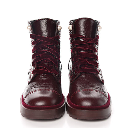 Chanel Calfskin Velvet Pearl Combat Short Boots 37 Burgundy 2 of 8