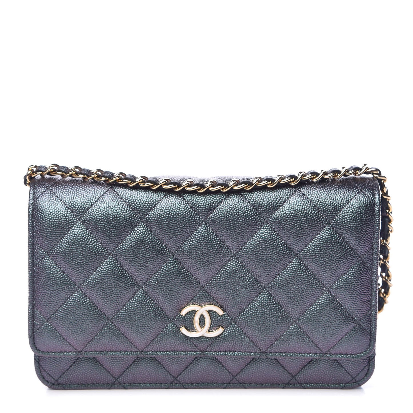 Iridescent Caviar Quilted Wallet On Chain WOC Black