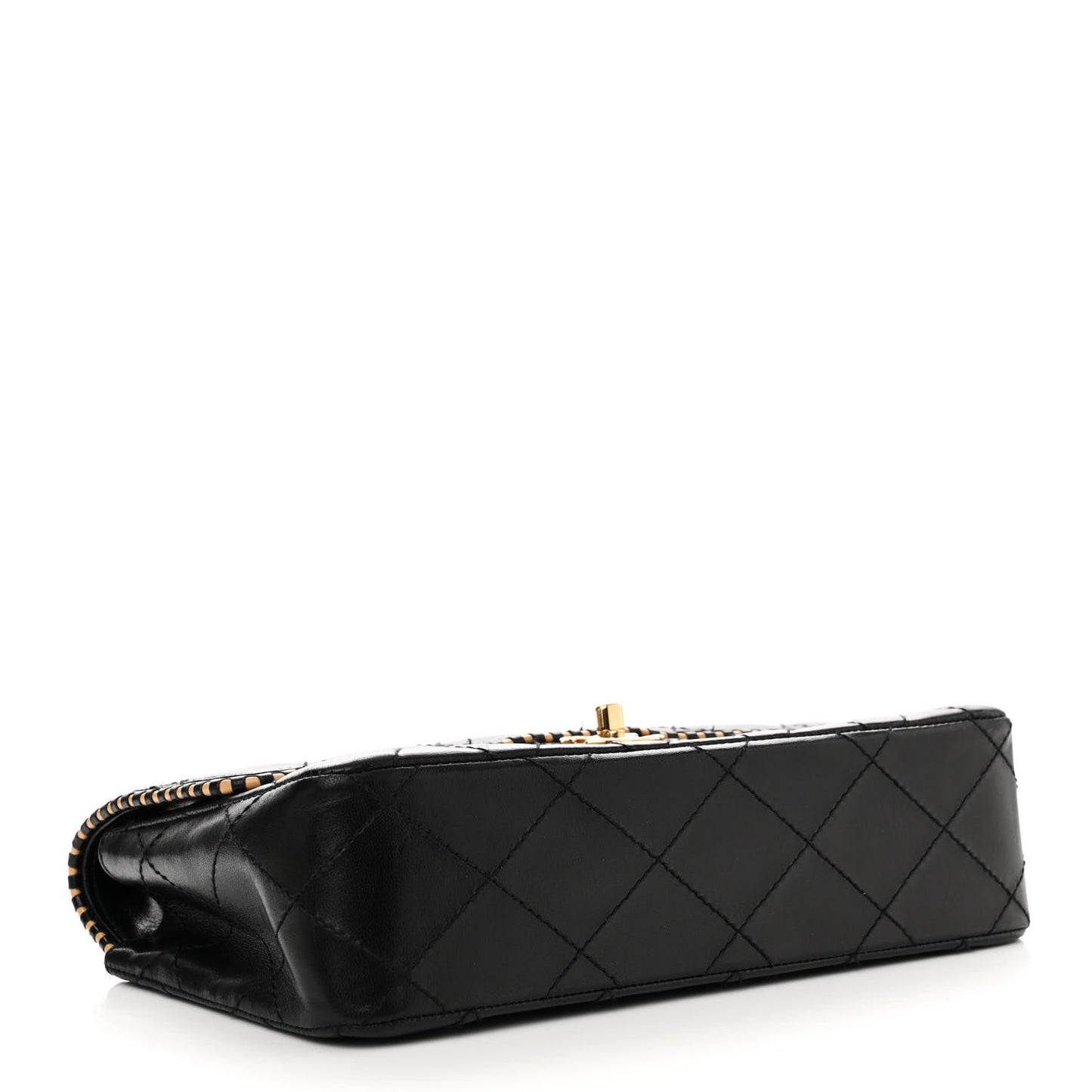 Lambskin Quilted Perforated Edge Flap Black Beige