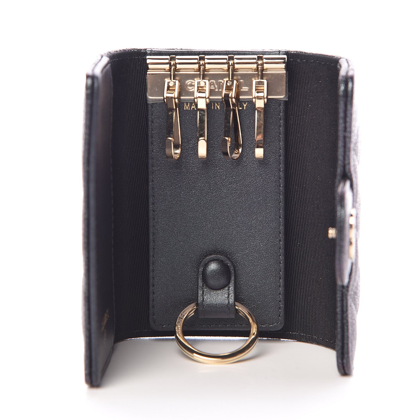 Iridescent Caviar Quilted Classic 4 Key Holder Wallet Black