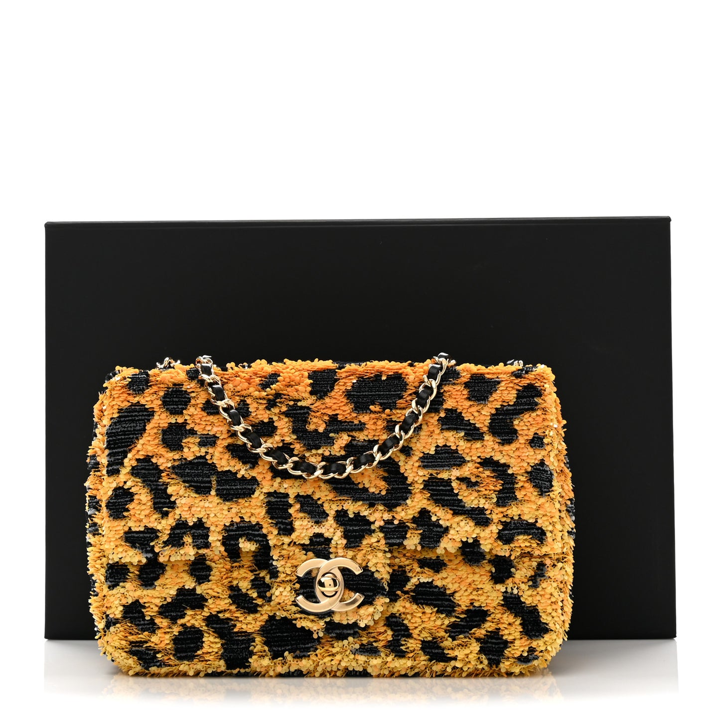 Sequin Mixed Fibers Leopard Print Mini Rectangular Flap Black Orange