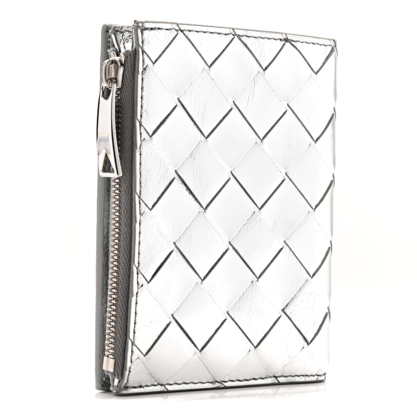 Metallic Calfskin Intrecciato Bifold Zip Wallet Silver