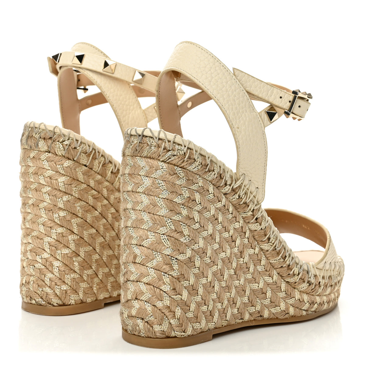 Grained Calfskin Rockstud Ankle Strap Espadrille 15/105mm Wedge Sandals 36 Light Ivory Natural