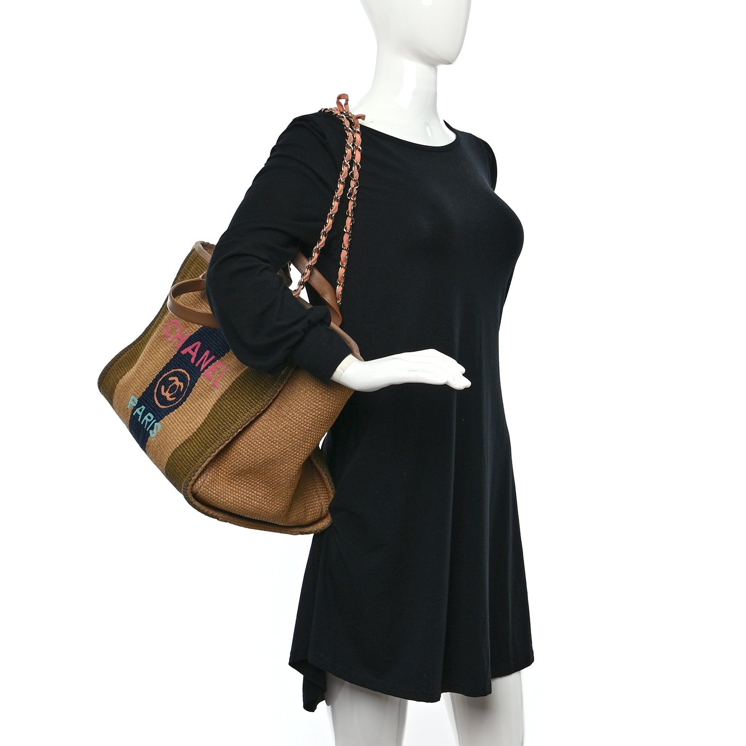 Chanel Straw Raffia Calfskin Striped Medium Deauville Tote Khaki Beige Navy Blue 3 of 19