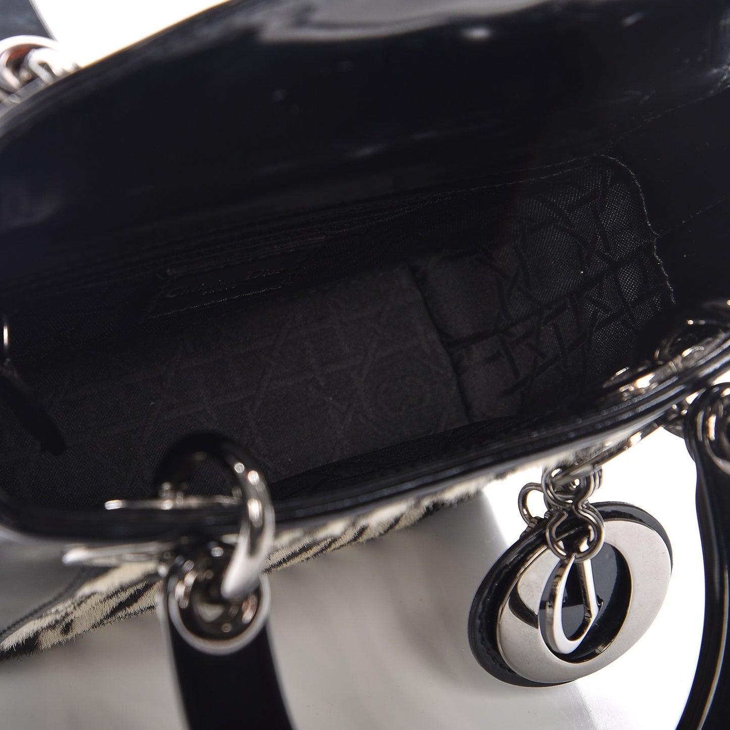 Vintage Patent Pony Hair Zebra Print Mini Lady Dior Black