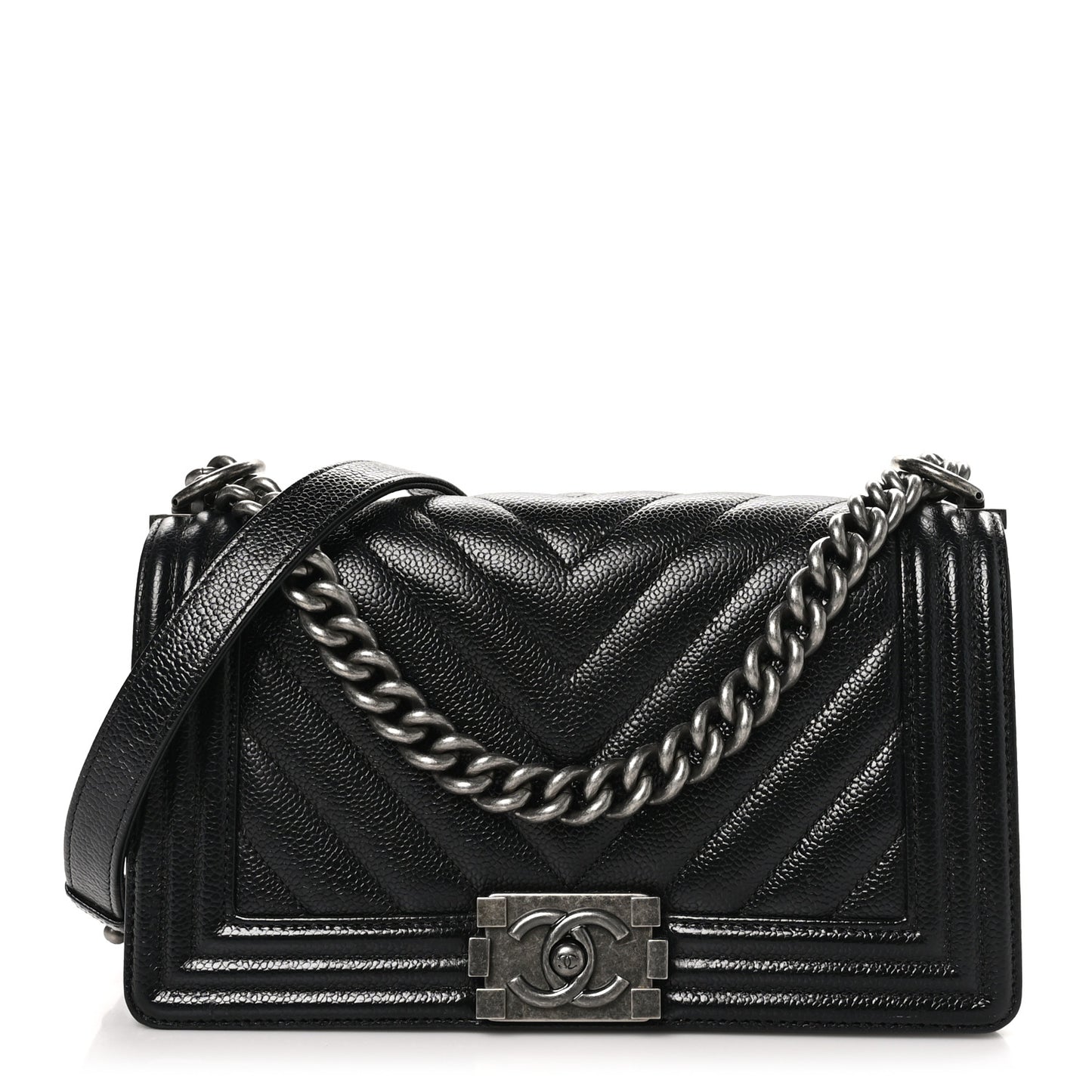 Caviar Chevron Quilted Medium Boy Flap Black