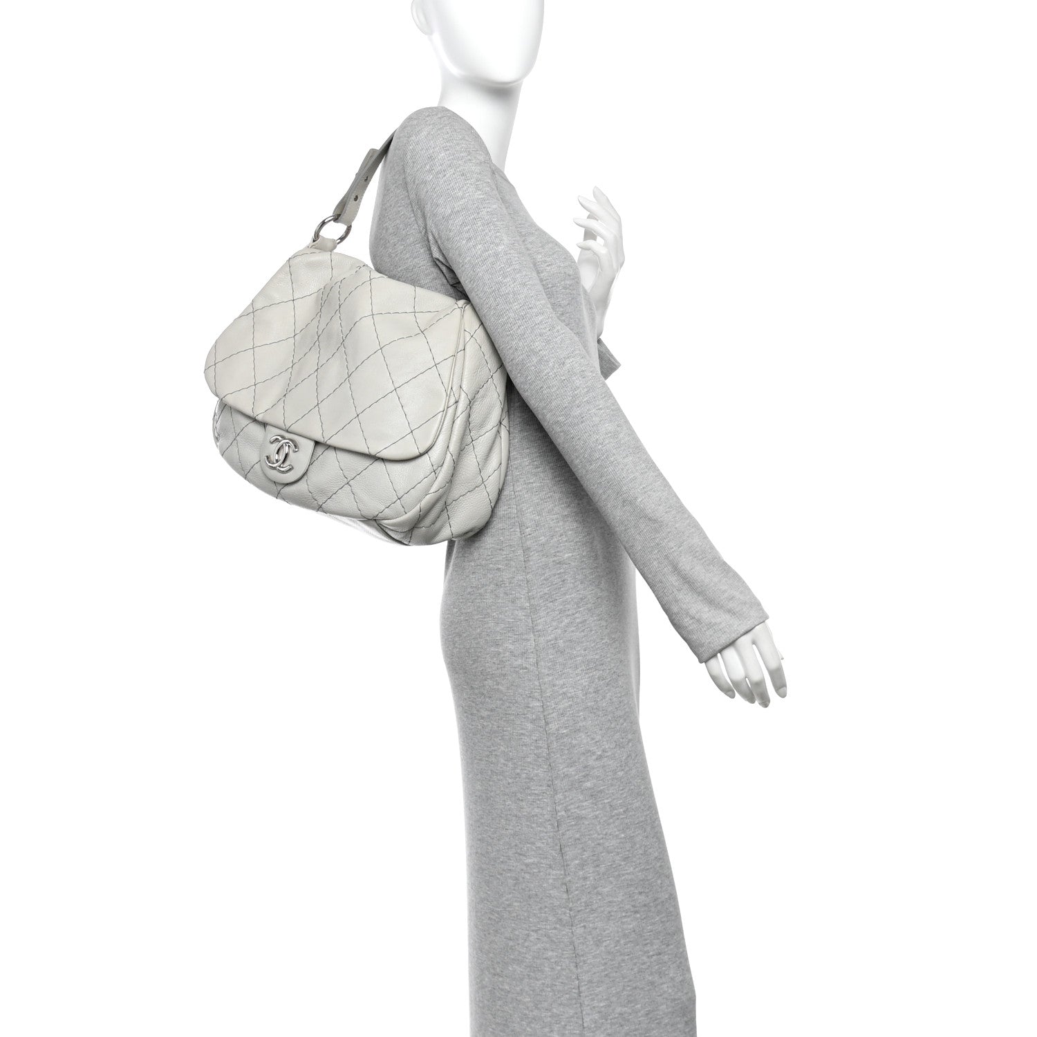 Chanel Glazed Calfskin XL On The Road Flap Light Grey 2 of 12