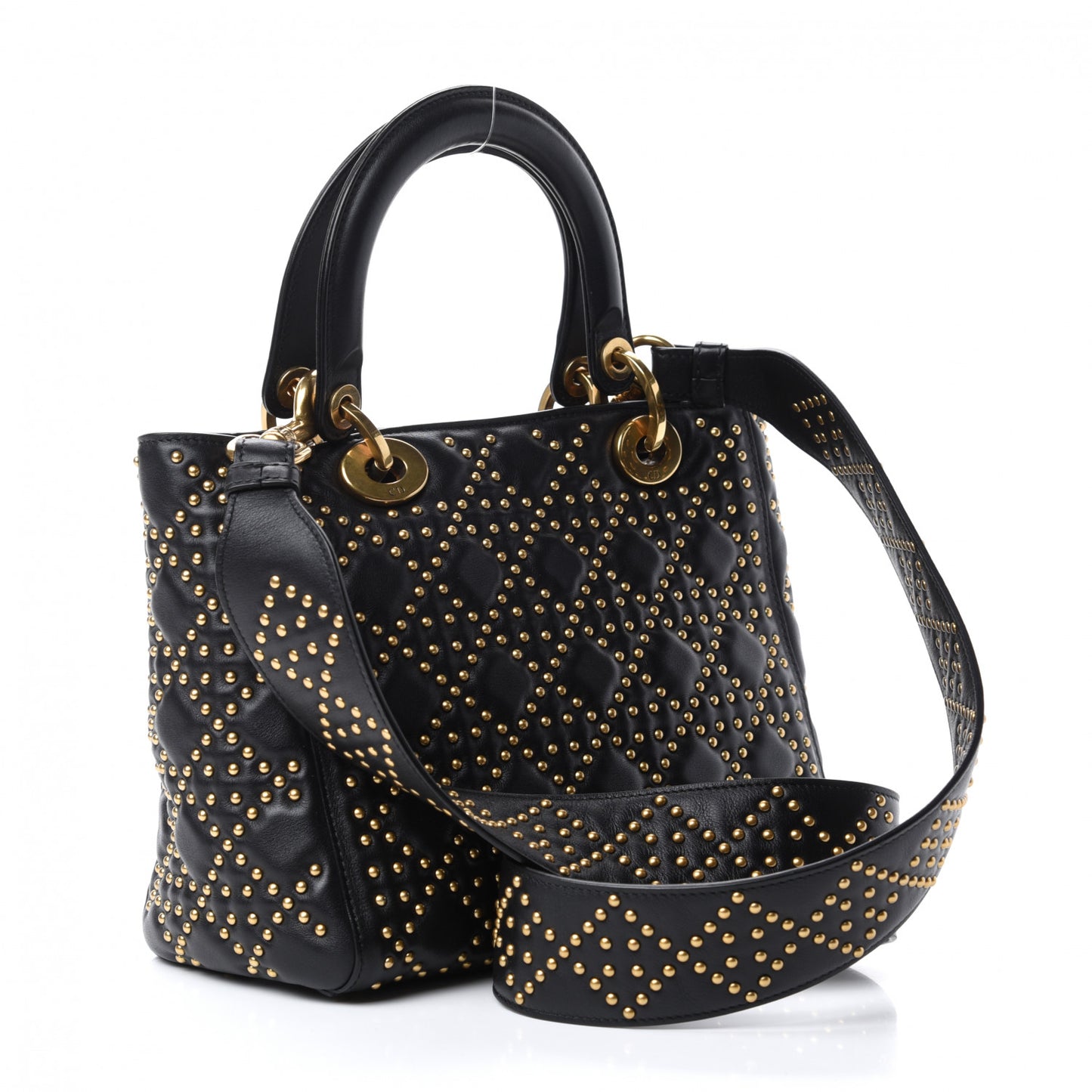 Calfskin Cannage Studded Medium Supple Lady Dior Black