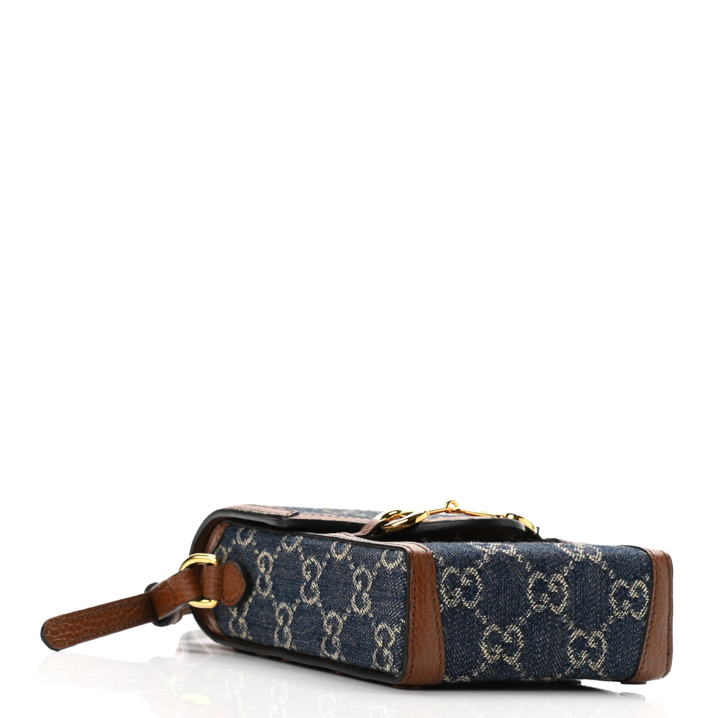 New Denim GG Monogram Dollar Calfskin Mini Horsebit 1955 Crossbody Bag Blue Tea Cuir Epilog