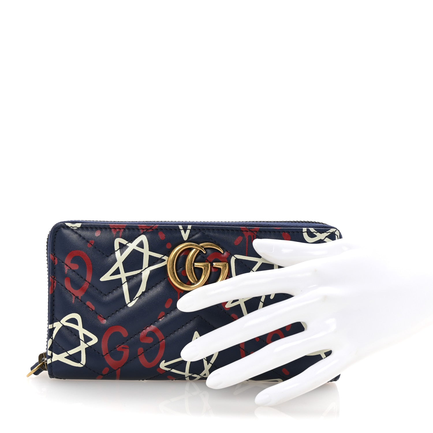 Gucci Calfskin Matelasse GucciGhost GG Marmont Zip Around Wallet Blue Agata Hibiscus Red 3 of 16