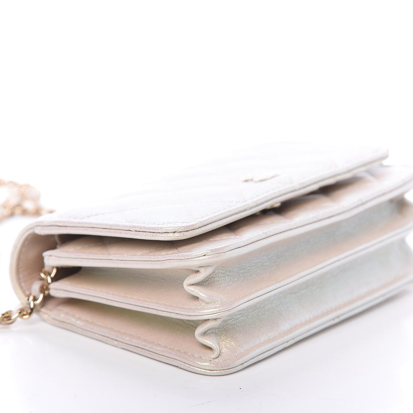 Iridescent Lambskin Quilted Mini Wallet On Chain WOC Ivory