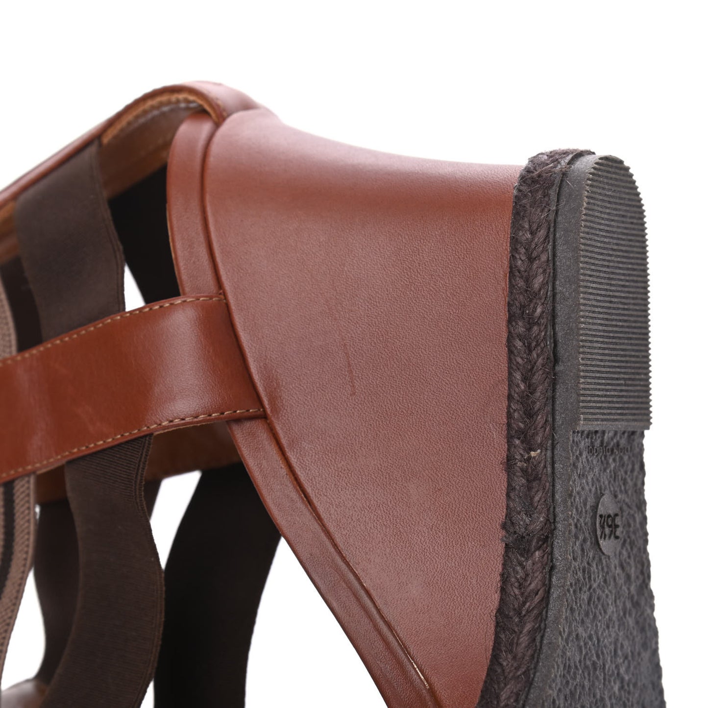 Calfskin Elastic T-Strap Wedge Sandals 36.5 Tobacco