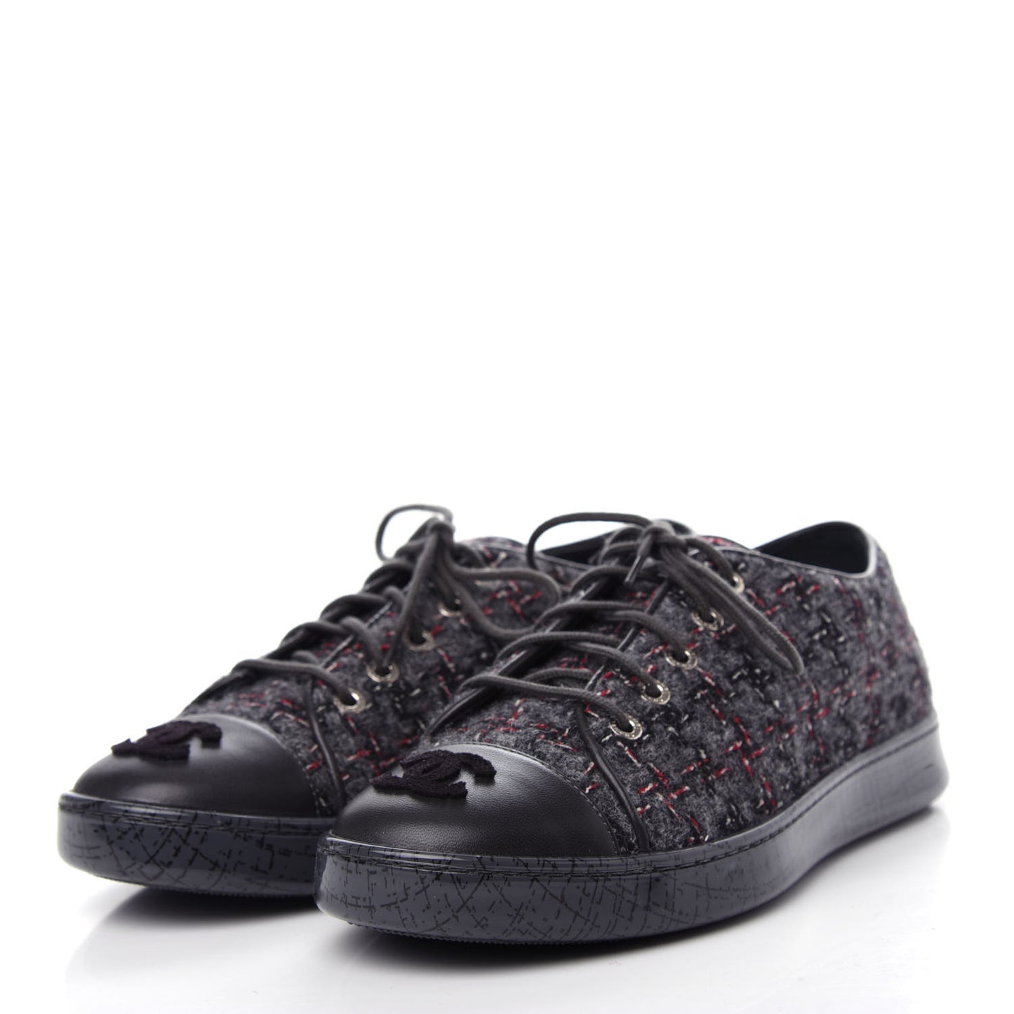 Lambskin Tweed Sneakers 36 Black Grey Red