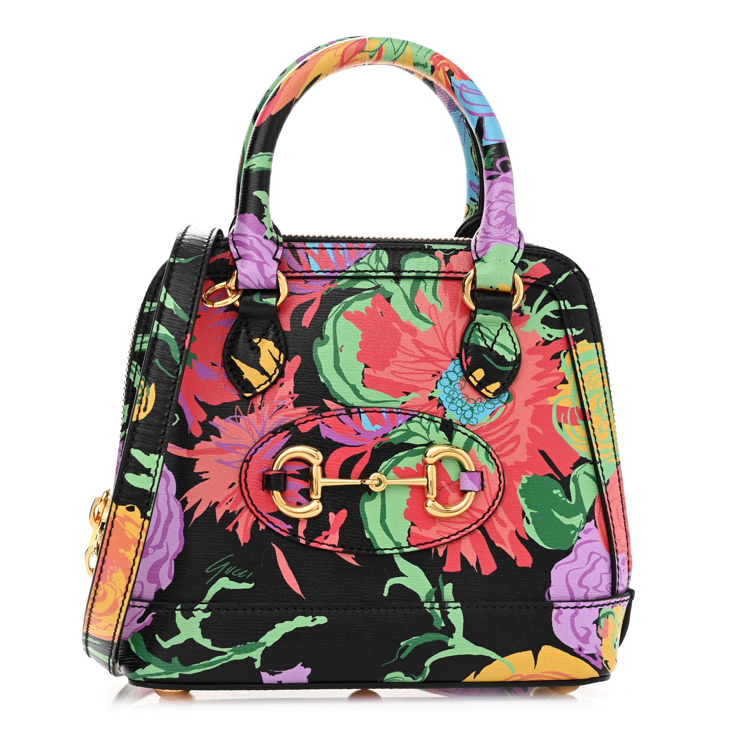 Gucci X KEN SCOTT New Shangai Calfskin Jenny Floral Print Mini Horsebit 1955 Top Handle Bag Black Pink 1 of 10