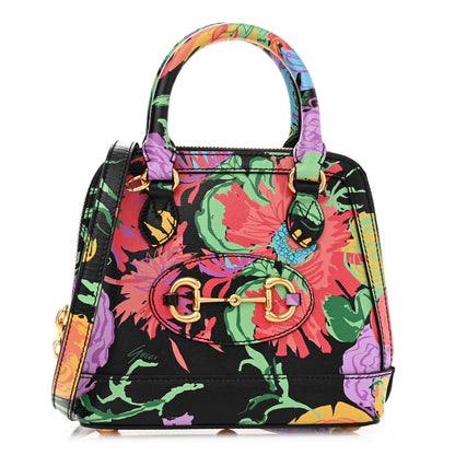 Gucci X KEN SCOTT New Shangai Calfskin Jenny Floral Print Mini Horsebit 1955 Top Handle Bag Black Pink 1 of 10
