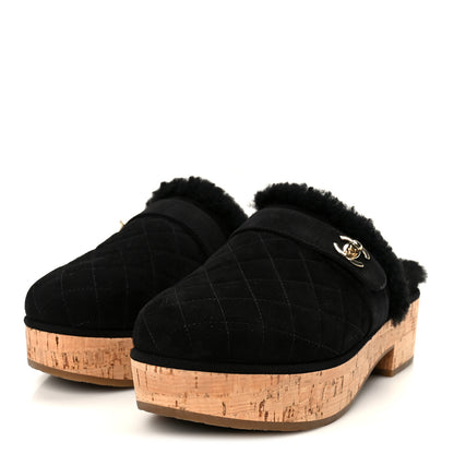 Chanel Suede Calfskin Shearling Turn Lock Clogs 38 Black 4 of 8