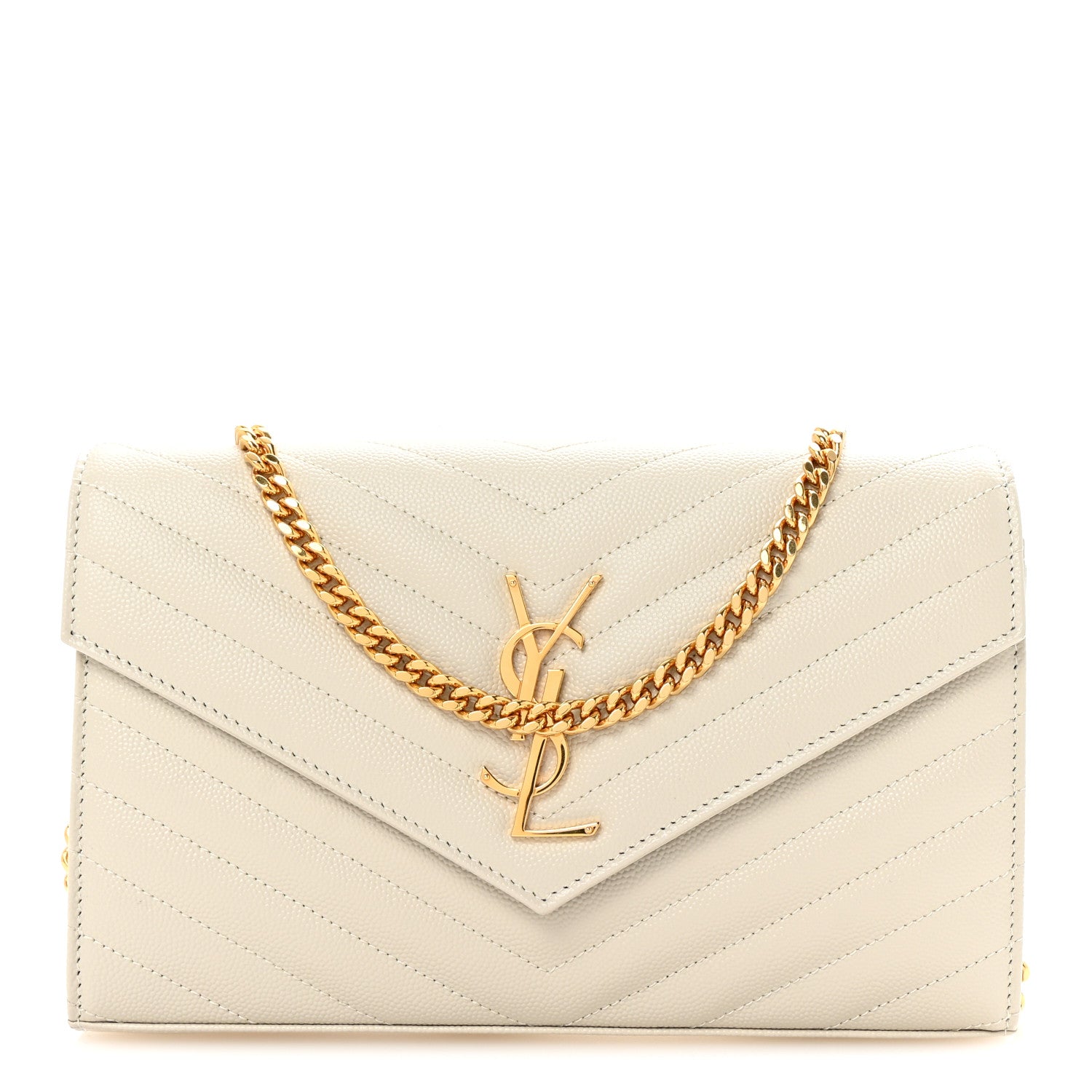 Saint Laurent Grain De Poudre Matelasse Chevron Monogram Chain Wallet Crema Soft 1 of 9