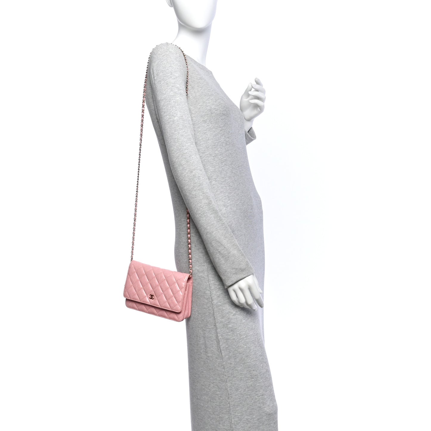 Iridescent Caviar Quilted Wallet on Chain WOC Rose Pink