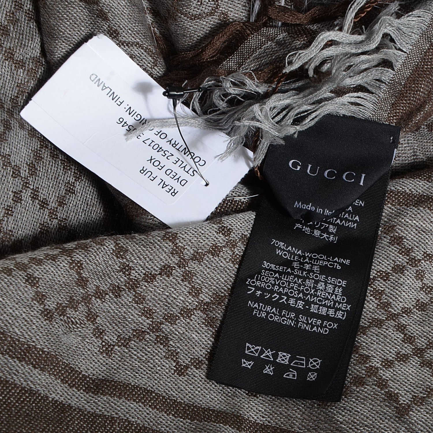 Gucci Wool Silk Fox Fur Monogram Shawl Scarf Brown 6 of 6