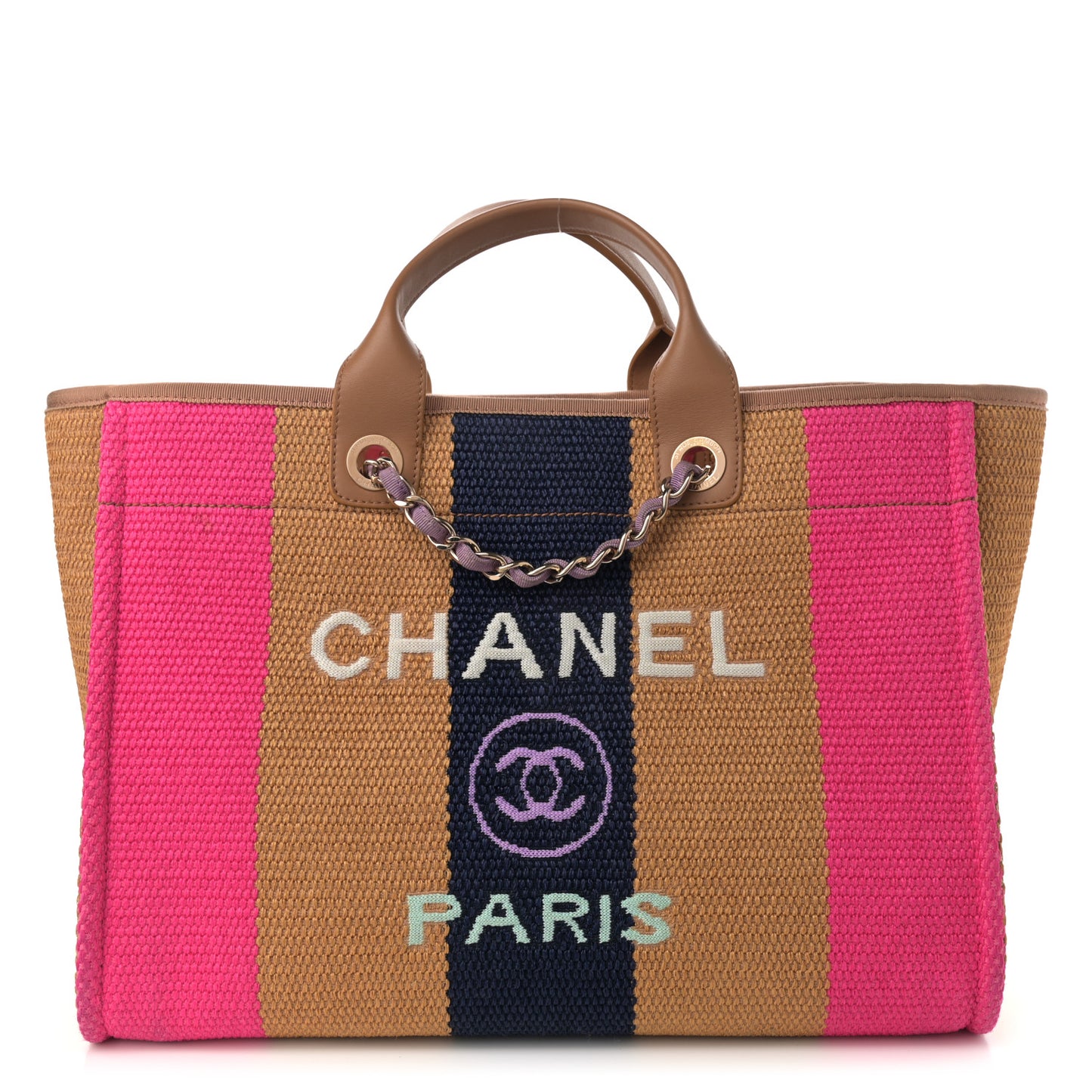 Straw Raffia Calfskin Striped Medium Deauville Tote Dark Beige Fuchsia Navy Blue