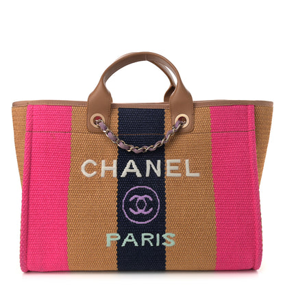 Chanel Straw Raffia Calfskin Striped Medium Deauville Tote Dark Beige Fuchsia Navy Blue 1 of 12