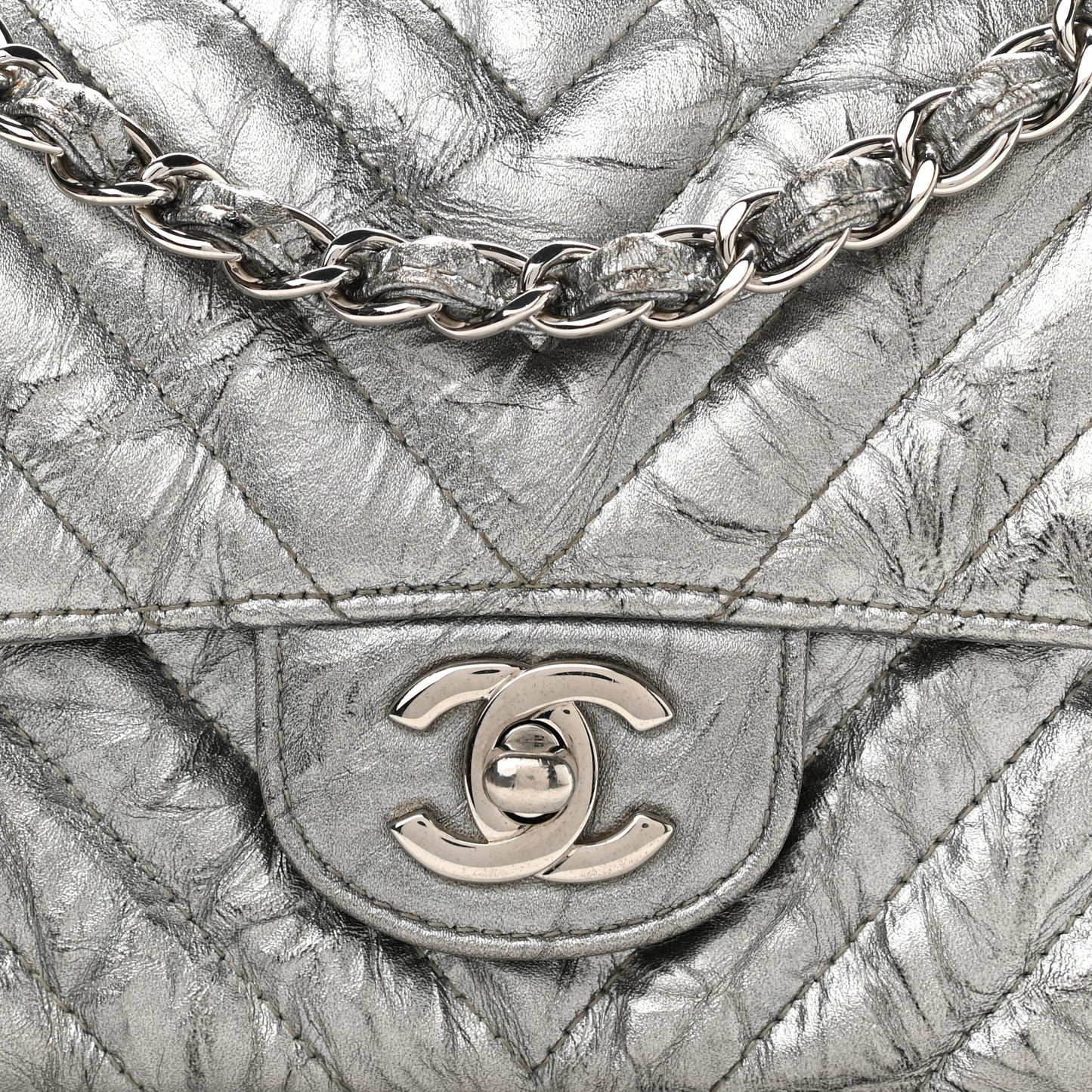 Patent Metallic Crumpled Calfskin Chevron Quilted Mini Rectangular Flap Silver