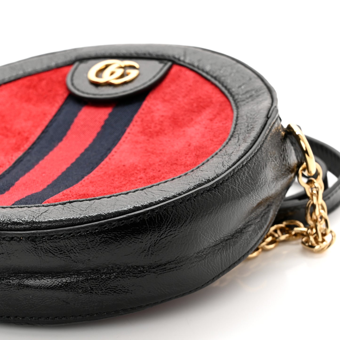 Suede Patent Web Mini Ophidia Round Shoulder Bag Hibiscus Red Black