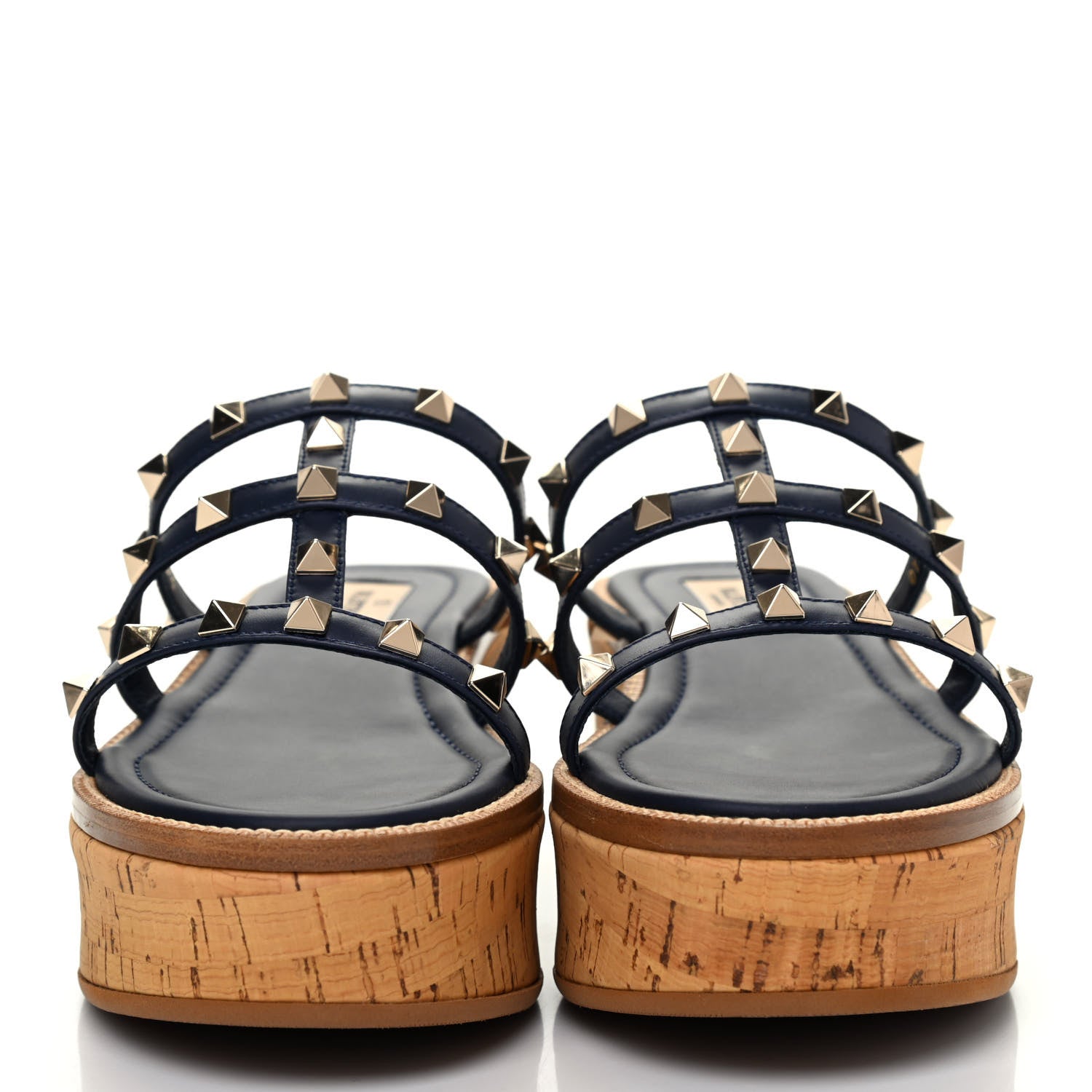 Valentino Garavani Calfskin Cork Rockstud Caged 30/50mm Platform Sandals 36.5 Marine 2 of 9