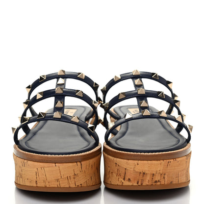 Valentino Garavani Calfskin Cork Rockstud Caged 30/50mm Platform Sandals 36.5 Marine 2 of 9