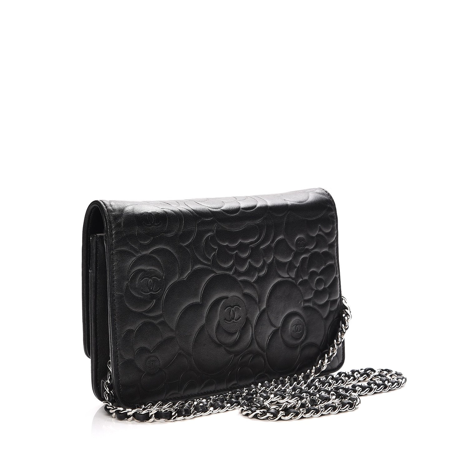 Lambskin Camellia Embossed Wallet On Chain WOC Black