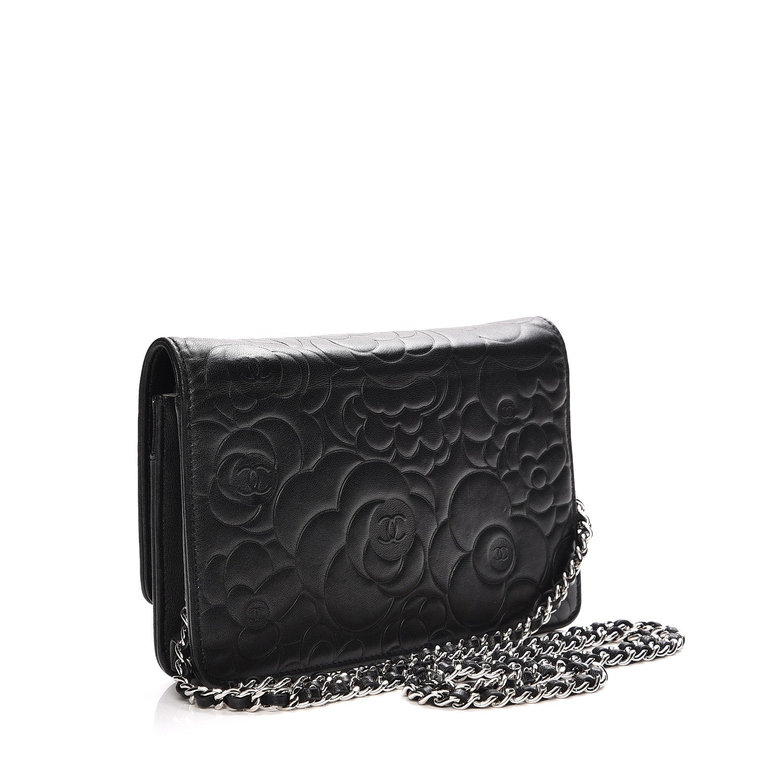 Chanel Lambskin Camellia Embossed Wallet On Chain WOC Black 3 of 10