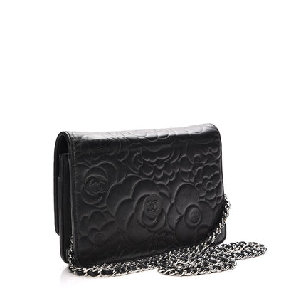 Chanel Lambskin Camellia Embossed Wallet On Chain WOC Black 3 of 10