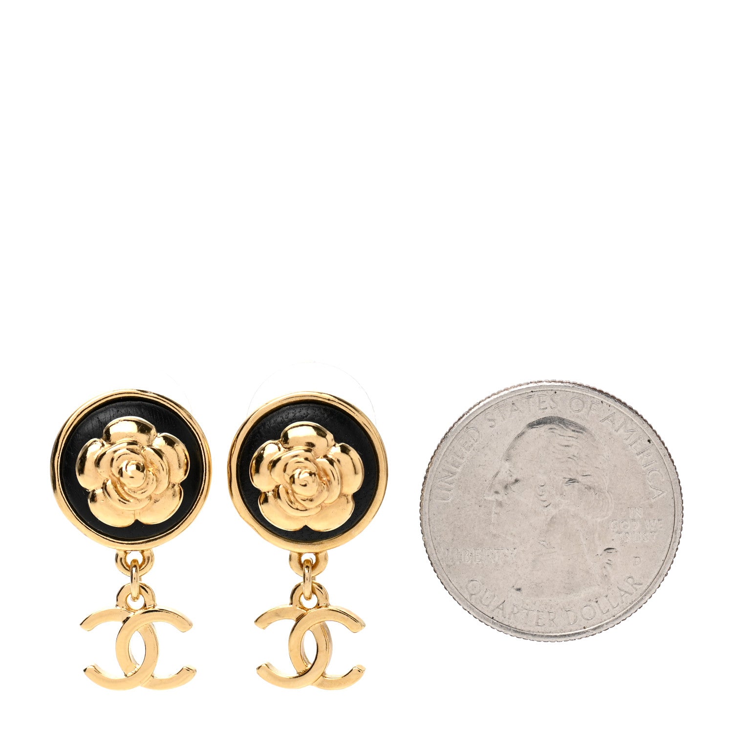 Chanel Metal Lambskin Camellia CC Drop Earrings Gold Black 2 of 4