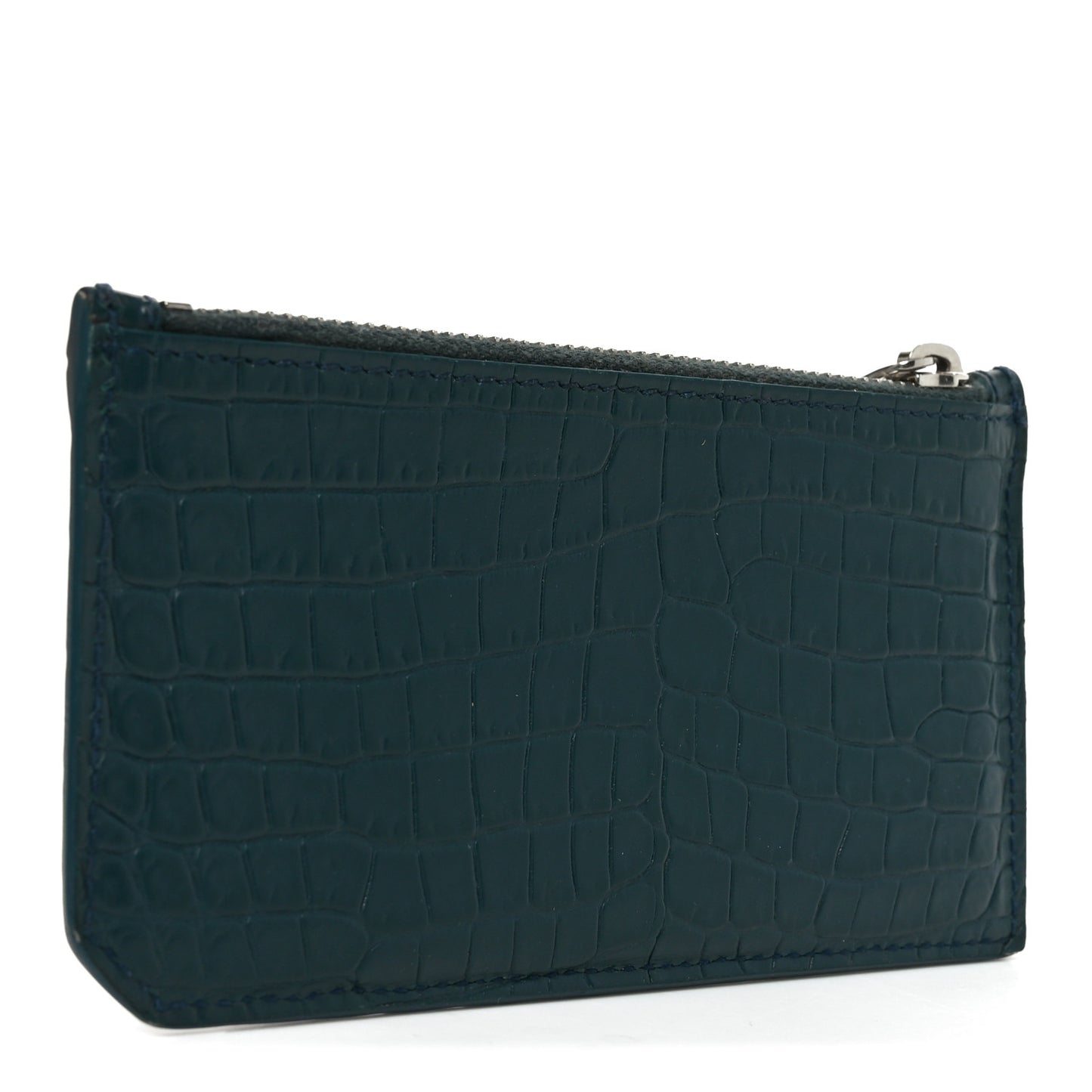 Calfskin Crocodile Embossed 5 Fragments Zip Pouch Card Holder Dark Turquoise