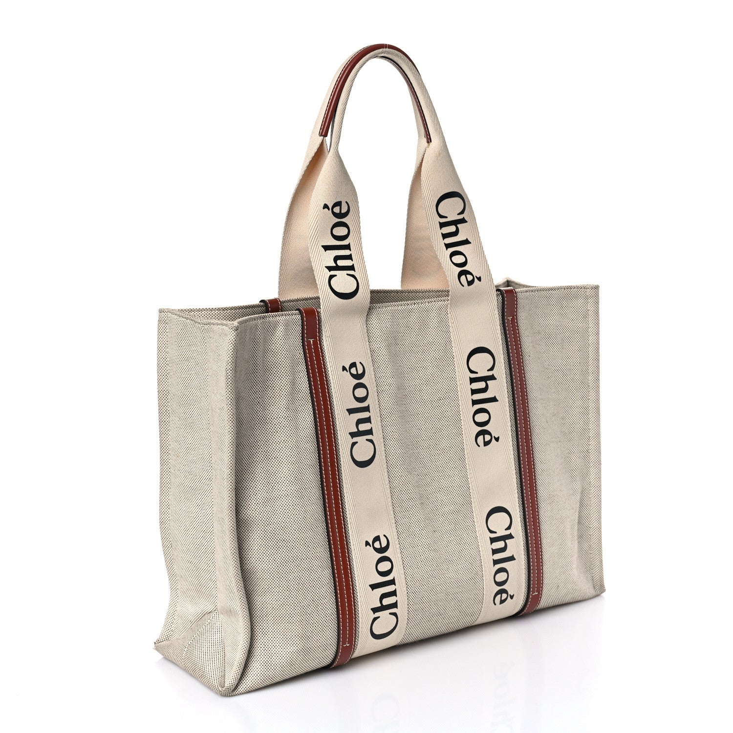 Chloe Cotton Calfskin Large Woody Ribbon Tote White Brown 3 of 9