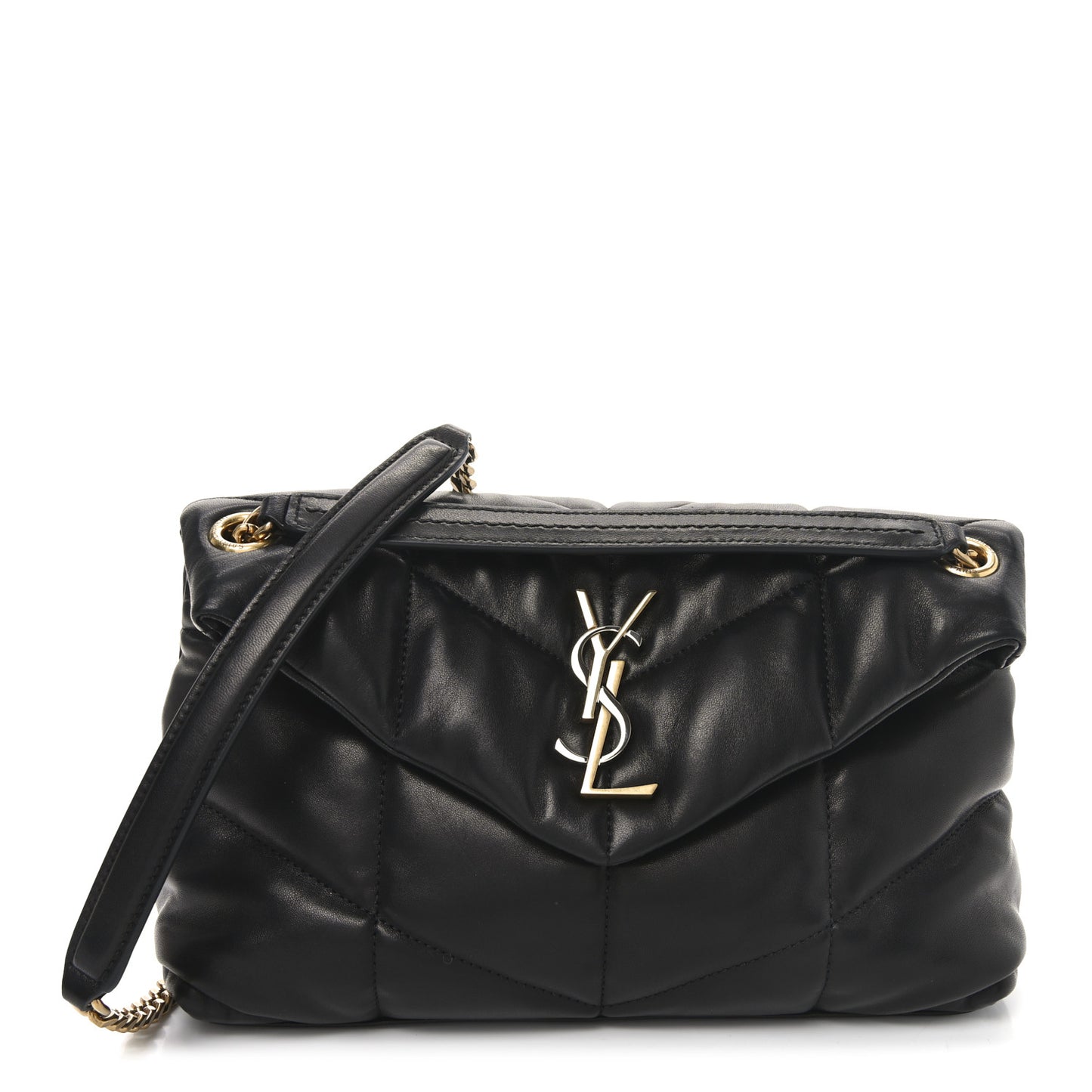 Lambskin Quilted Tri-Metal Small Loulou Puffer Monogram Chain Satchel  Black