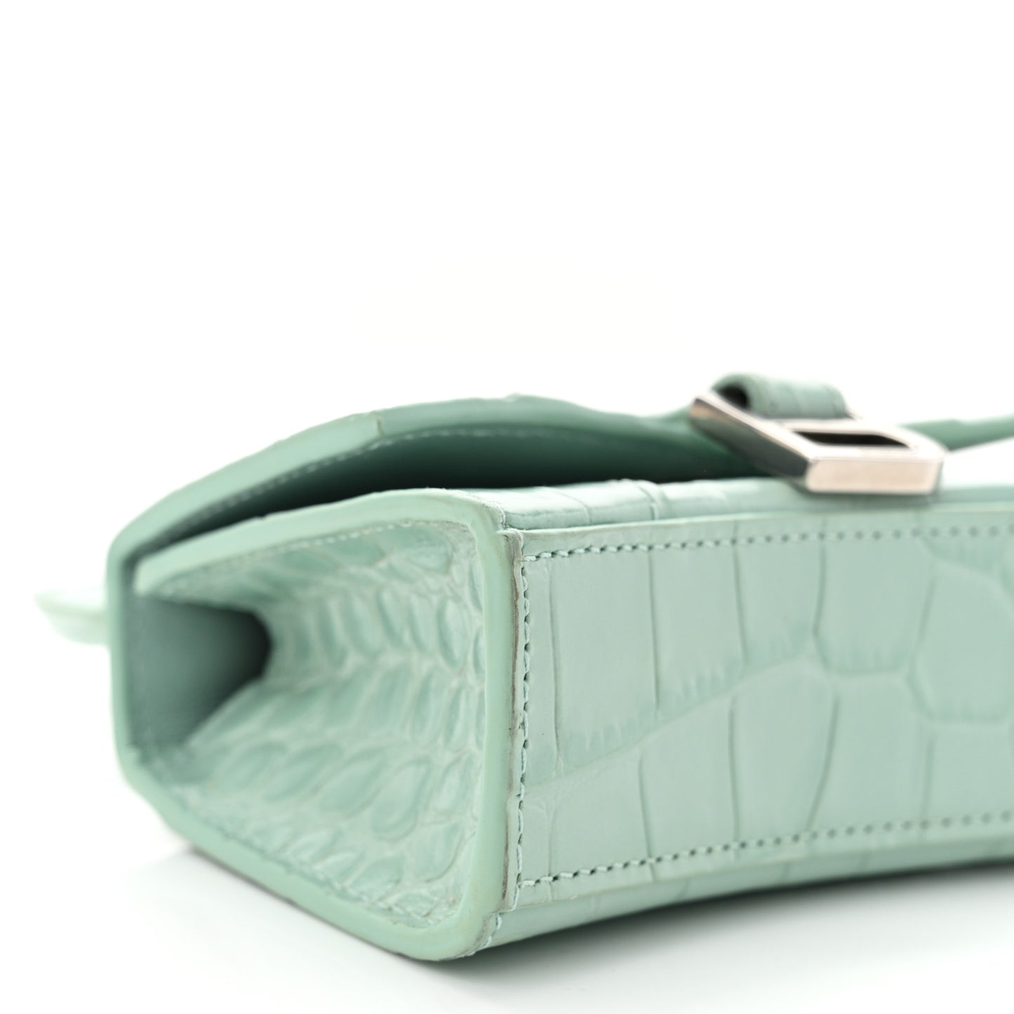 Shiny Calfskin Crocodile Embossed Hourglass Top Handle Bag Mini with Chain Green Acqua