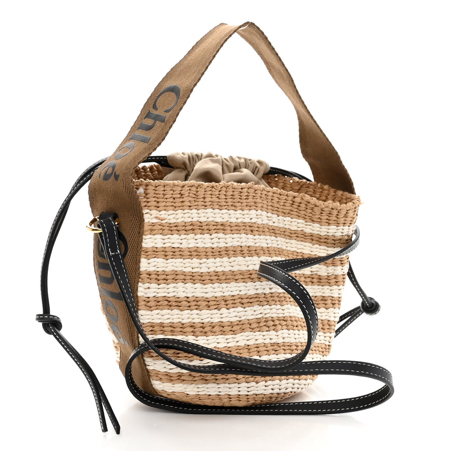 Raffia Calfskin Small Woody Striped Basket Bag Grove Brown