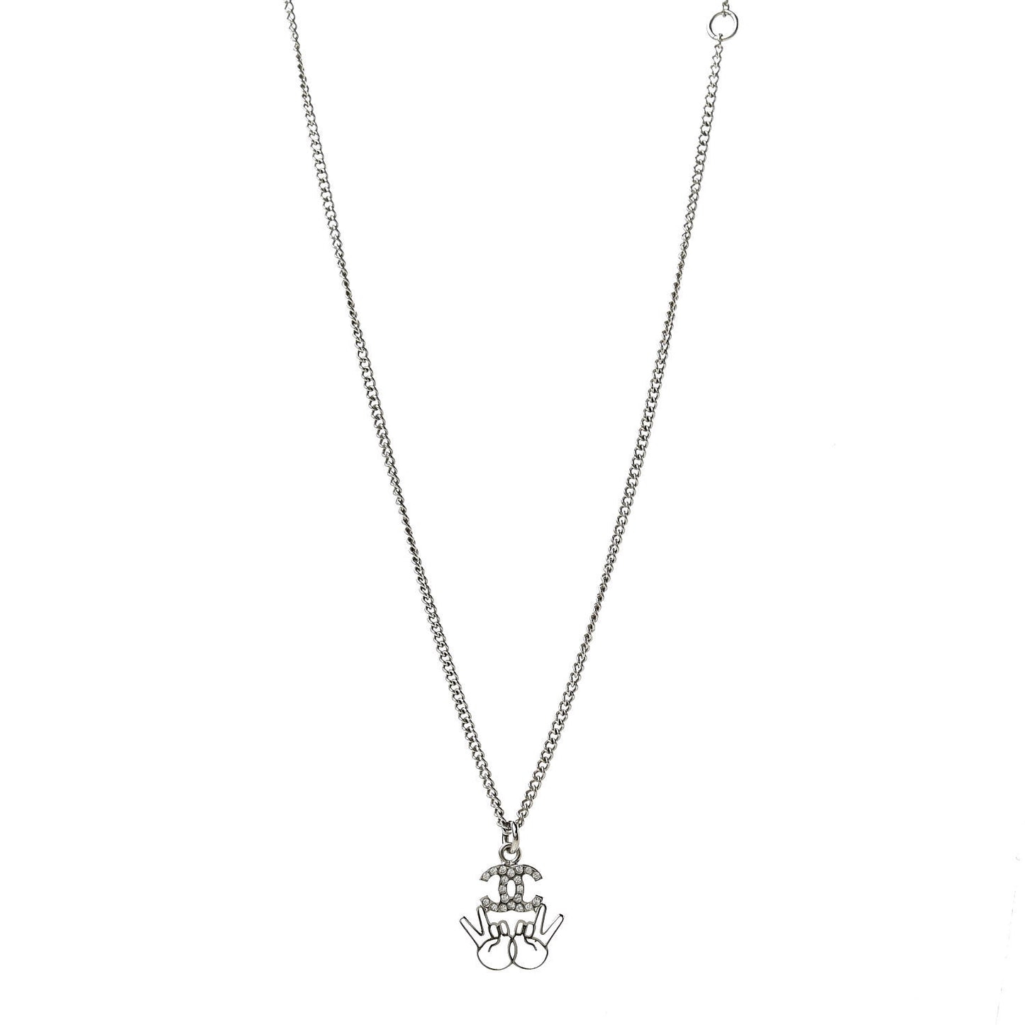 Crystal CC Peace Sign Emoji Necklace Silver