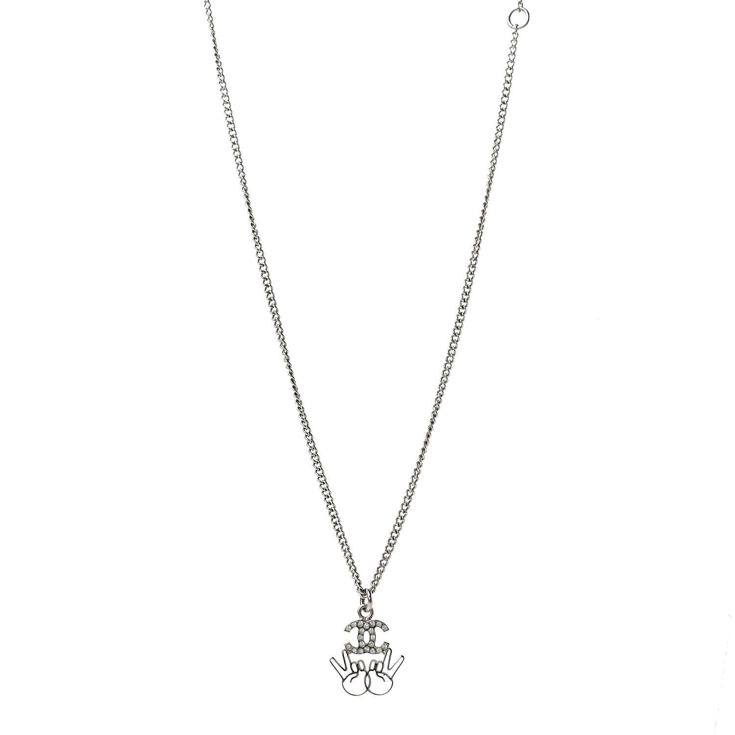 Chanel Crystal CC Peace Sign Emoji Necklace Silver 1 of 5